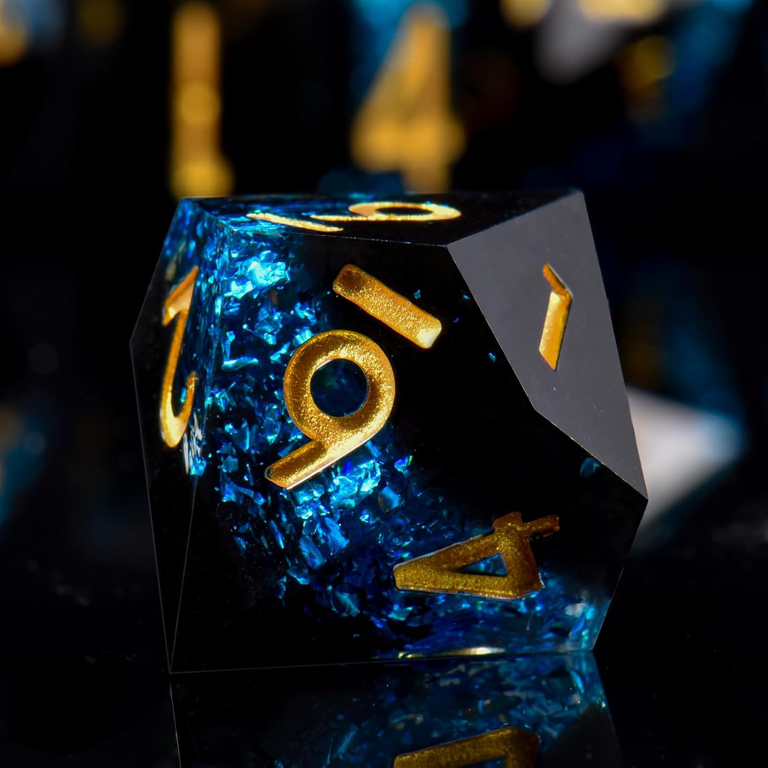 Handmade sharp edge dice Black blue gold font
