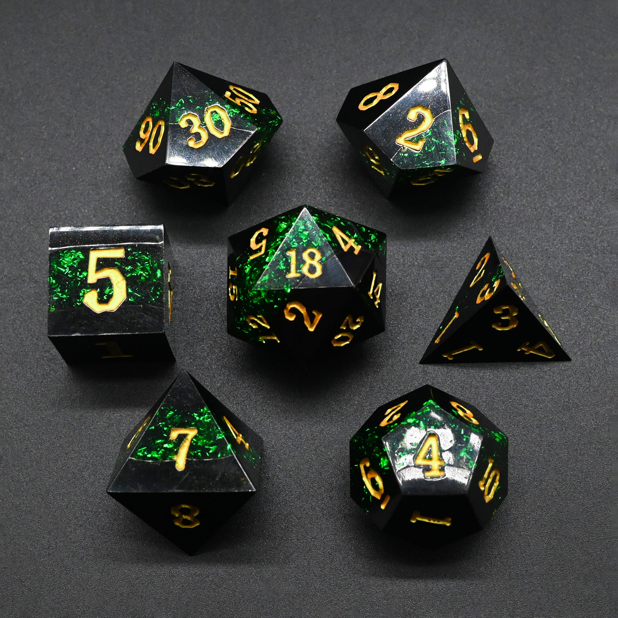 Handmade sharp edge dice Black green gold font