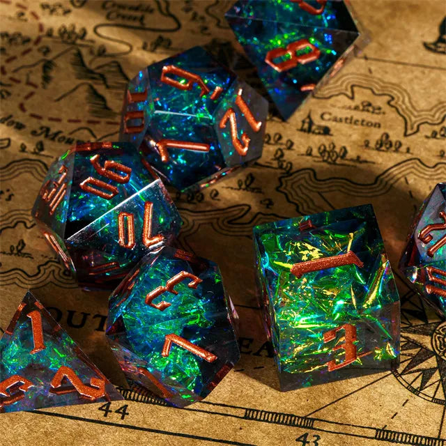 Handmade sharp edge green blue DND Dice