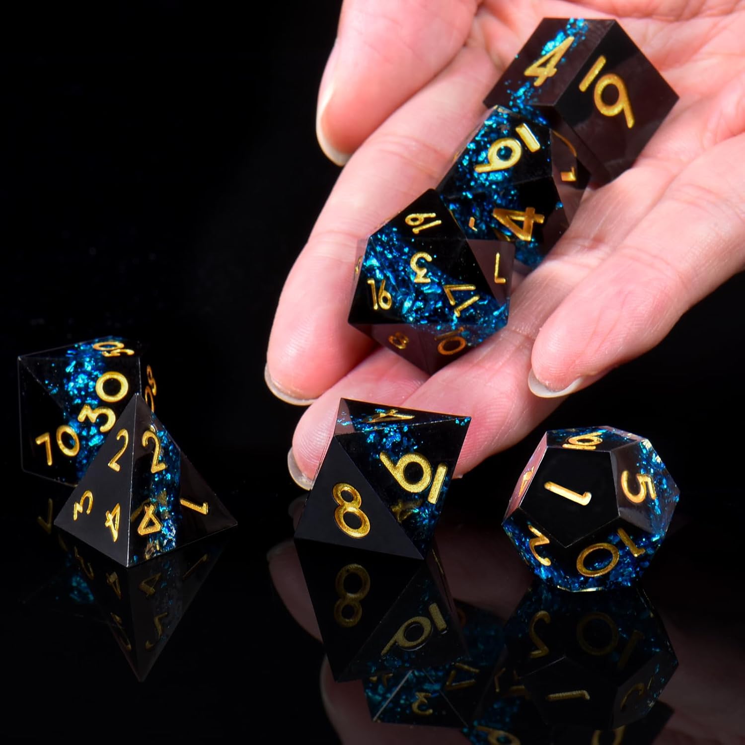 Handmade sharp edge dice Black blue gold font