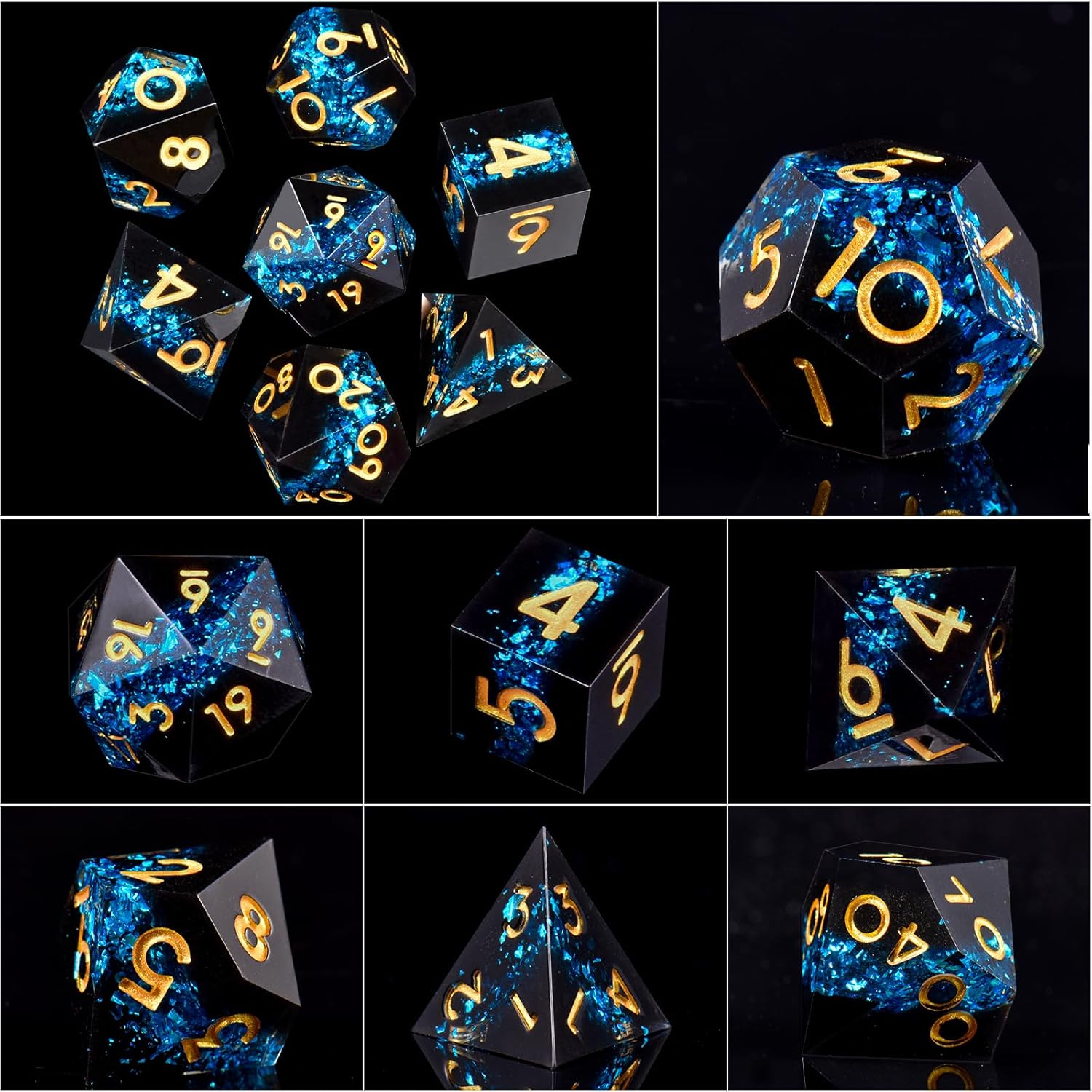 Handmade sharp edge dice Black blue gold font
