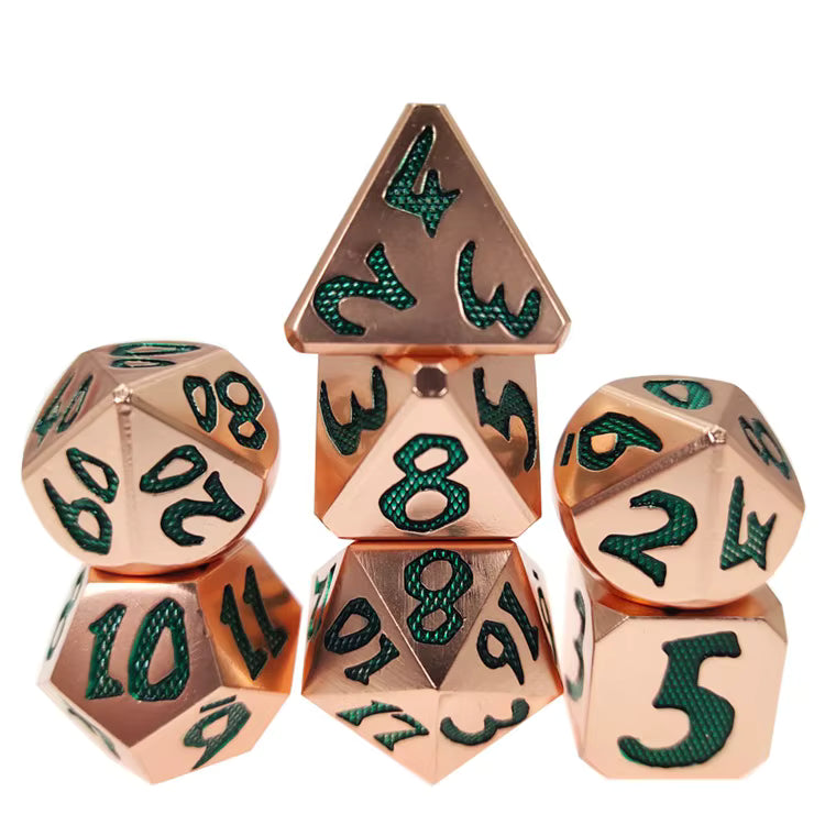 Metal dice set copper color font