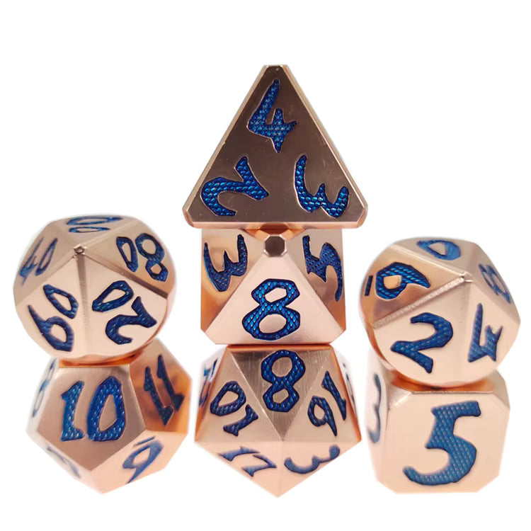 Metal dice set copper color font